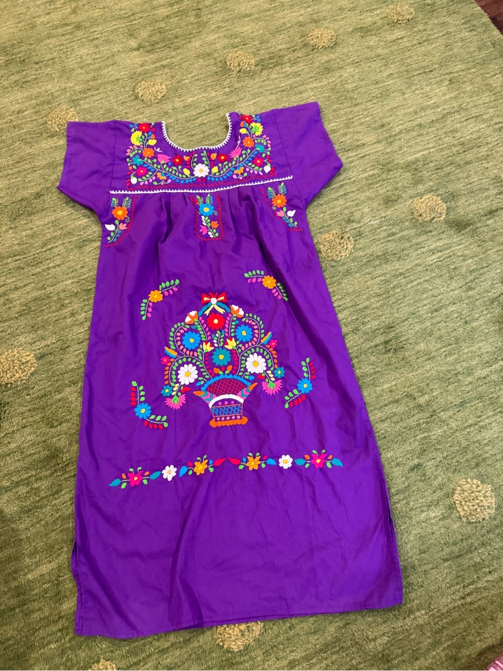 mexican cotton dress Purple Hand Embroidered Flowers Maxi House Porch Summer M